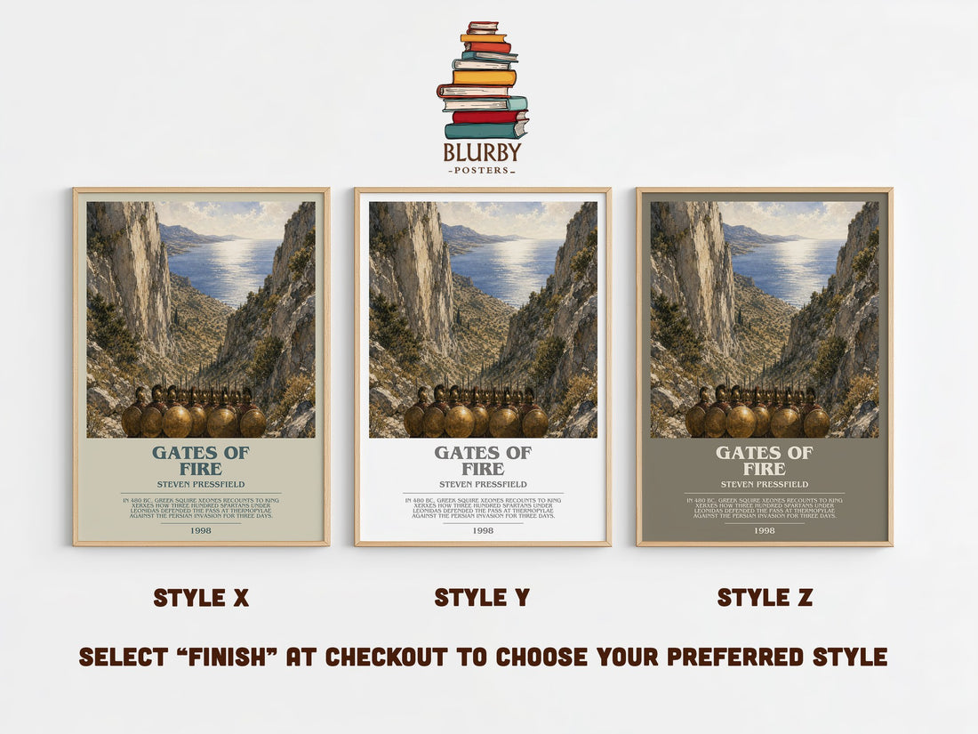 Gates of fire bookish print in frame leaning in hallway – historical fiction wall art (mockup)