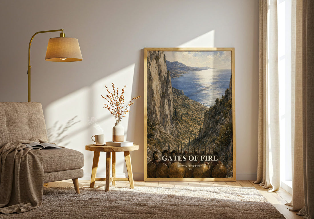 Gates of fire watercolour print in frame leaning in hallway – historical fiction wall art