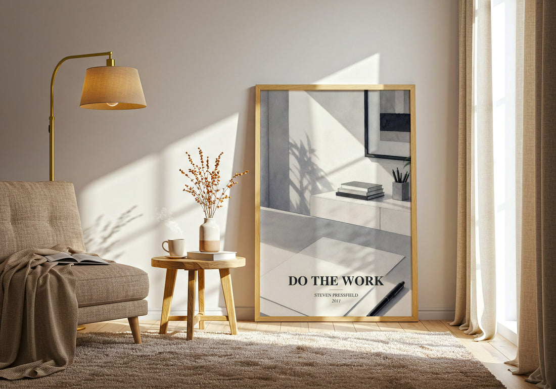 Do the Work watercolour print in frame leaning in hallway – non fiction wall art