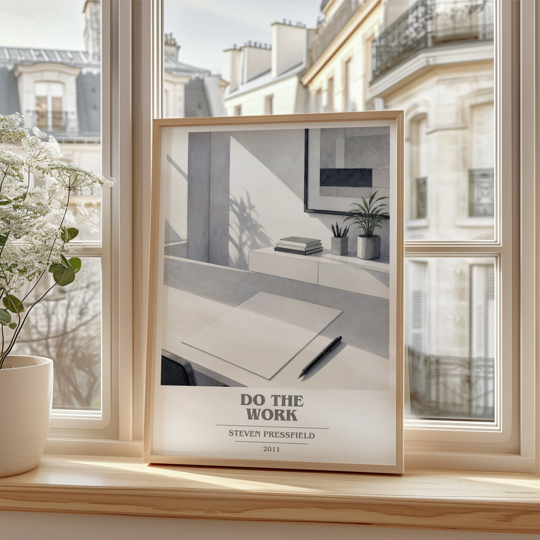 Do the Work Book Cover Poster by Steven Pressfield – framed print by a bright window