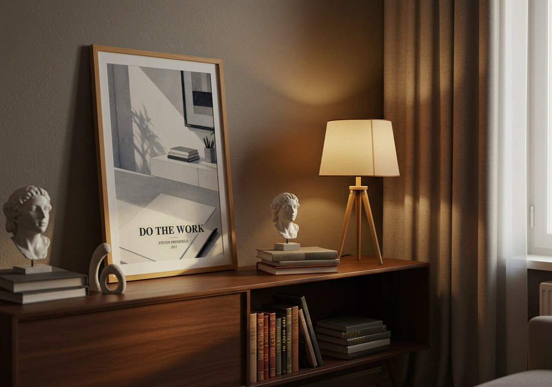 Do the Work watercolour print on bookshelf – Steven Pressfield fan gift