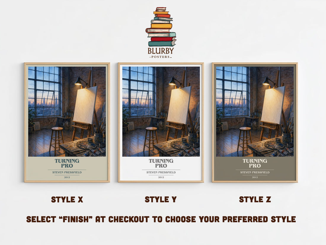 Turning pro book cover print in frame leaning in hallway – non fiction wall art (mockup)