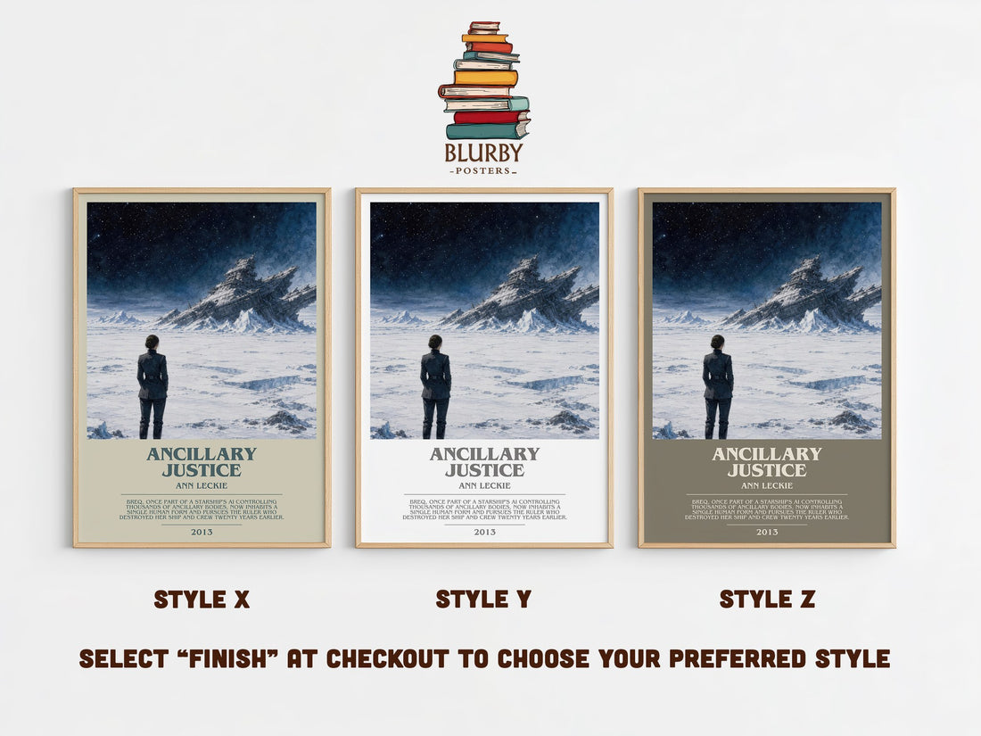 Ancillary Justice bookish print in frame leaning in hallway – sci fi wall art (mockup)
