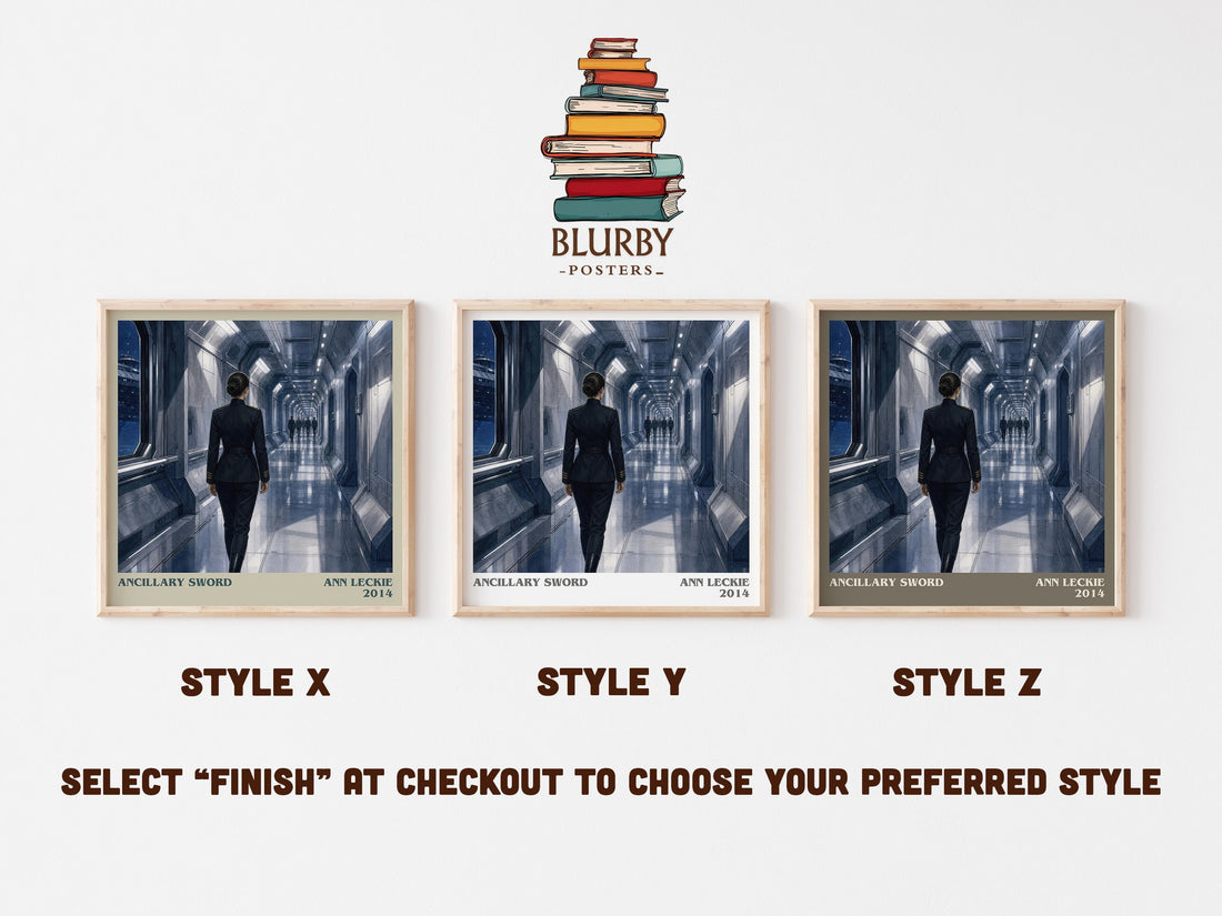 Ancillary Sword literary print in frame leaning in hallway – sci fi wall art (mockup)