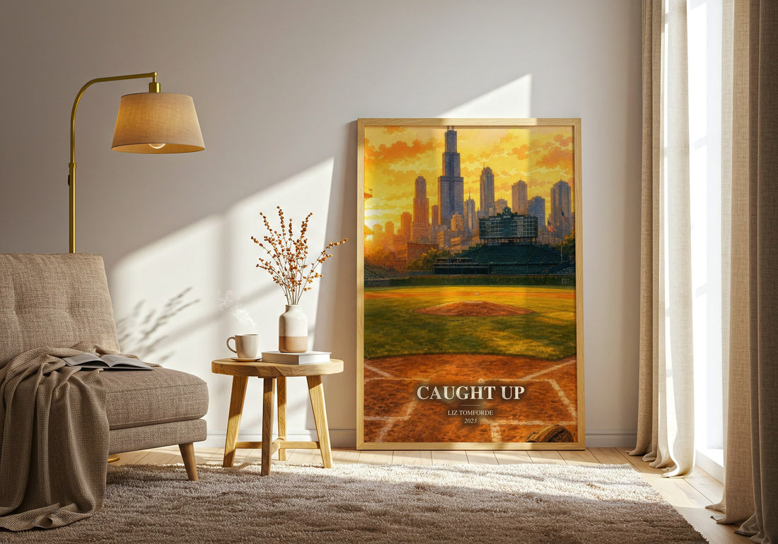 Caught Up watercolour print in frame leaning in hallway – romance wall art