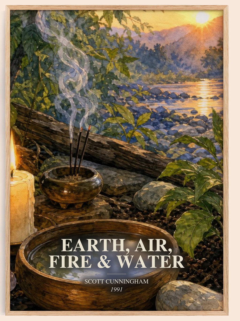 Earth, air, fire & water watercolour book poster by Scott Cunningham – framed literary art print