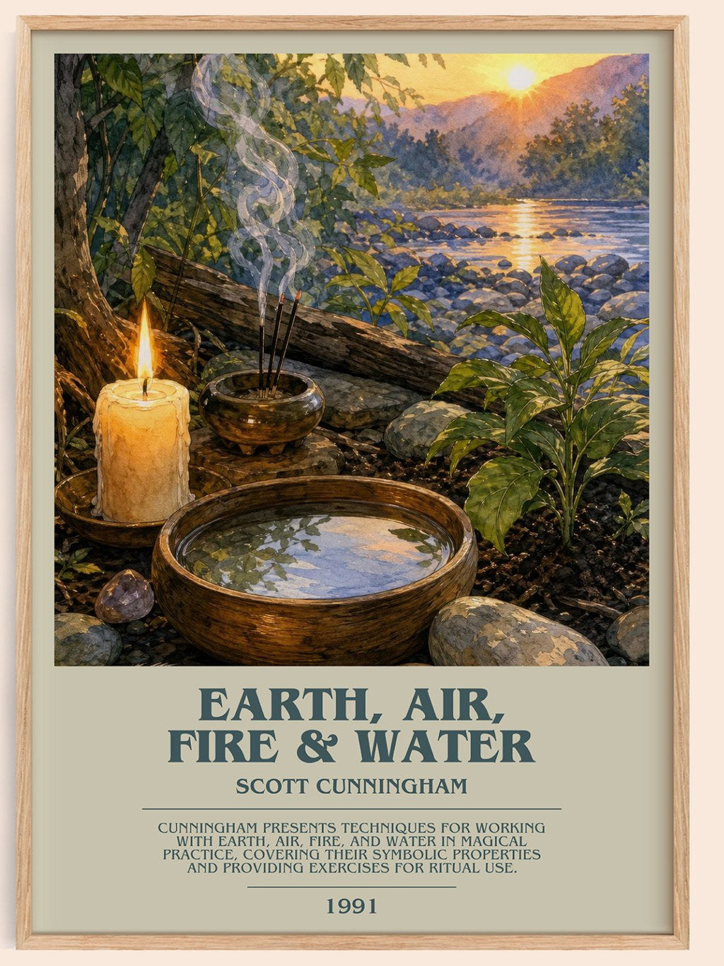 Earth, air, fire & water bookish book poster by Scott Cunningham – framed literary art print