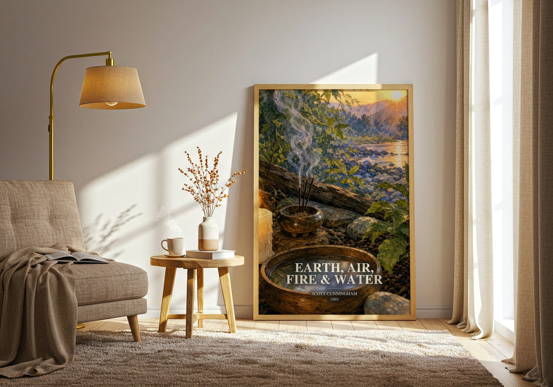 Earth, air, fire & water watercolour print in frame leaning in hallway – non fiction wall art