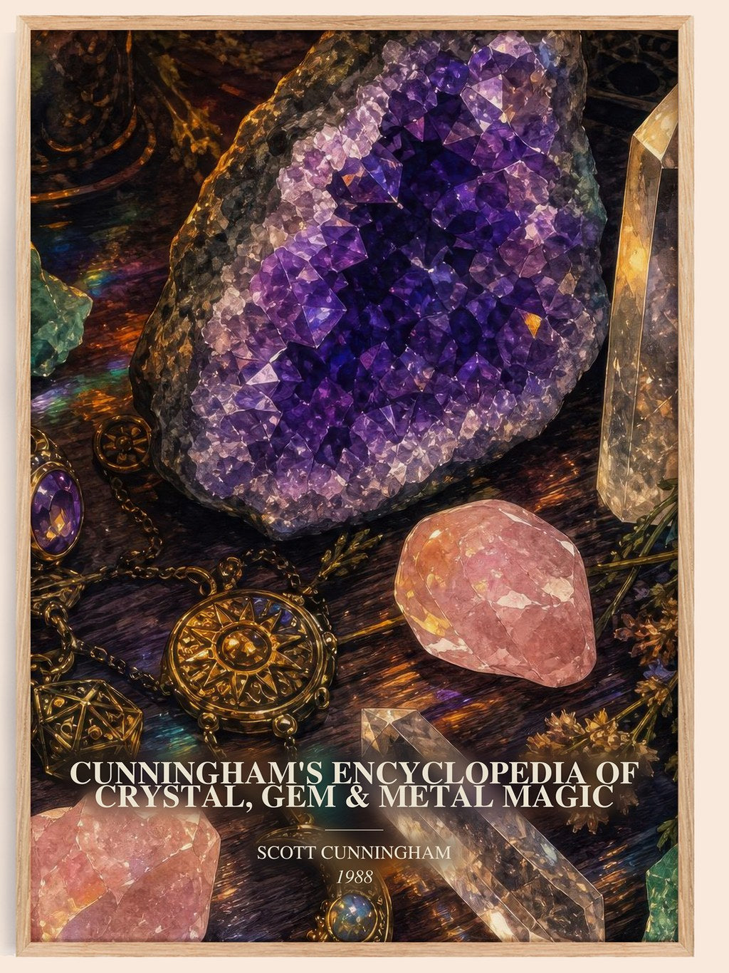 Cunningham's encyclopedia of crystal, gem & metal magic watercolour book poster by Scott Cunningham – framed literary art