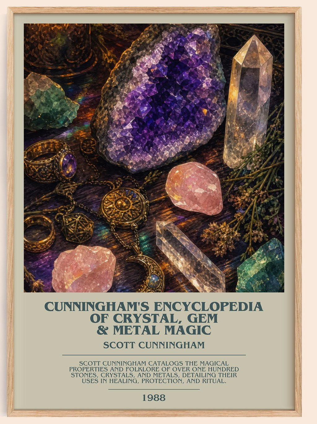 Cunningham's encyclopedia of crystal, gem & metal magic bookish book poster by Scott Cunningham – framed literary art print