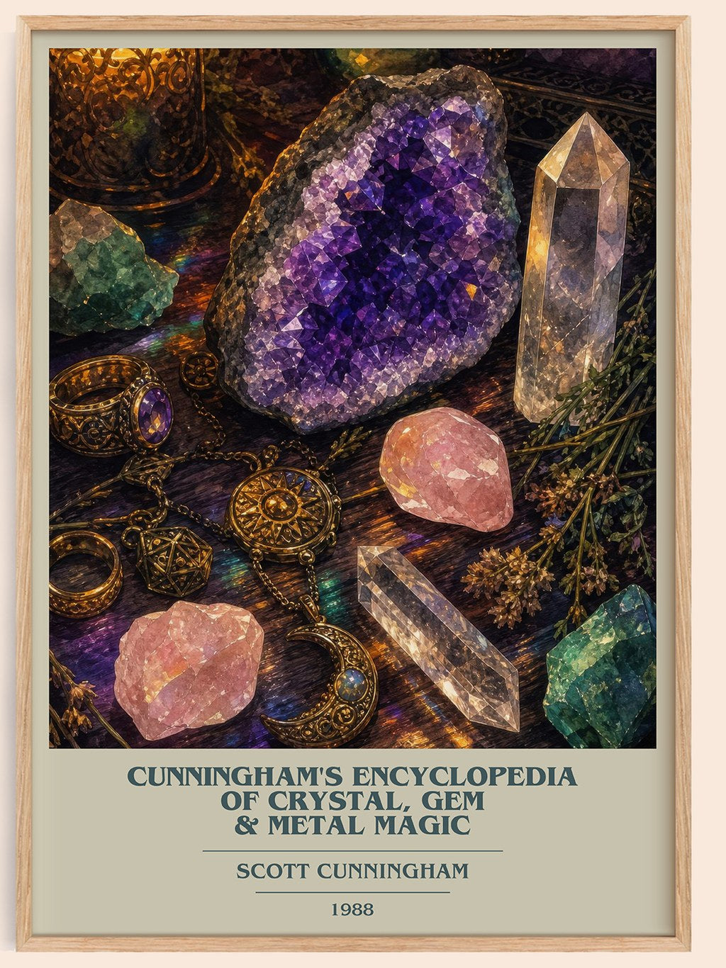 Cunningham's encyclopedia of crystal, gem & metal magic book cover book poster by Scott Cunningham – framed literary art