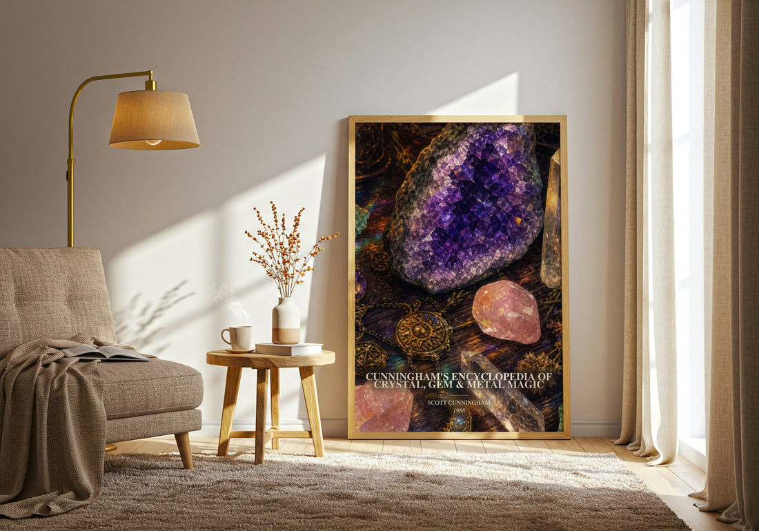 Cunningham's encyclopedia of crystal, gem & metal magic watercolour print in frame leaning in hallway – non fiction wall art