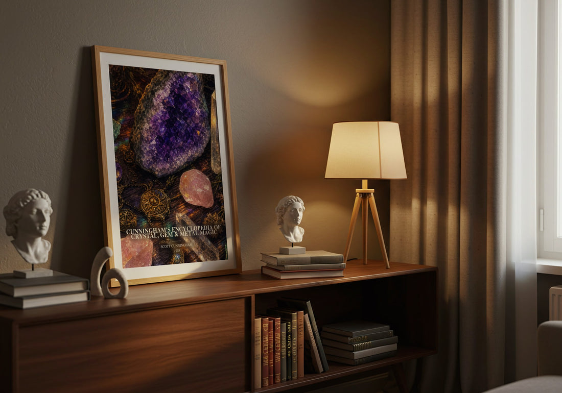 Cunningham's encyclopedia of crystal, gem & metal magic watercolour print on bookshelf – Scott Cunningham fan gift