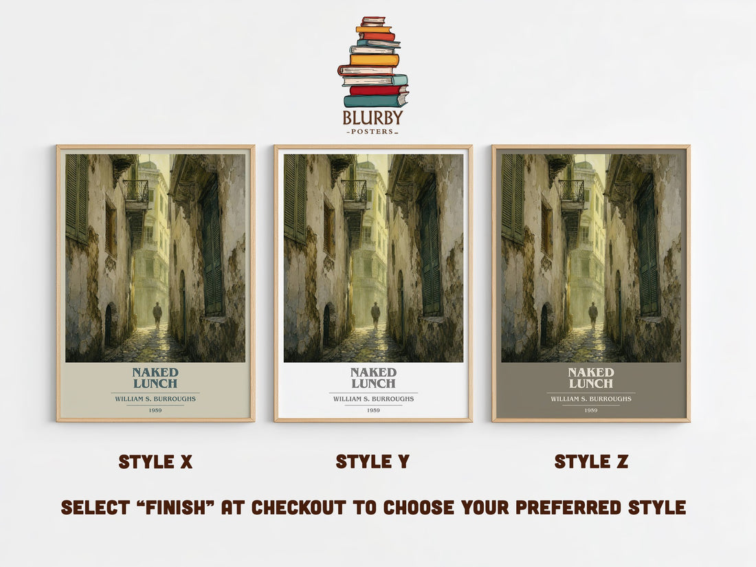 Naked Lunch book cover print in frame leaning in hallway – literary fiction wall art (mockup)