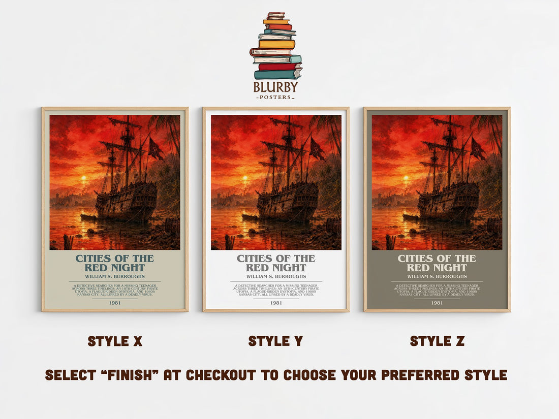 Cities of the Red Night bookish print in frame leaning in hallway – sci fi wall art (mockup)