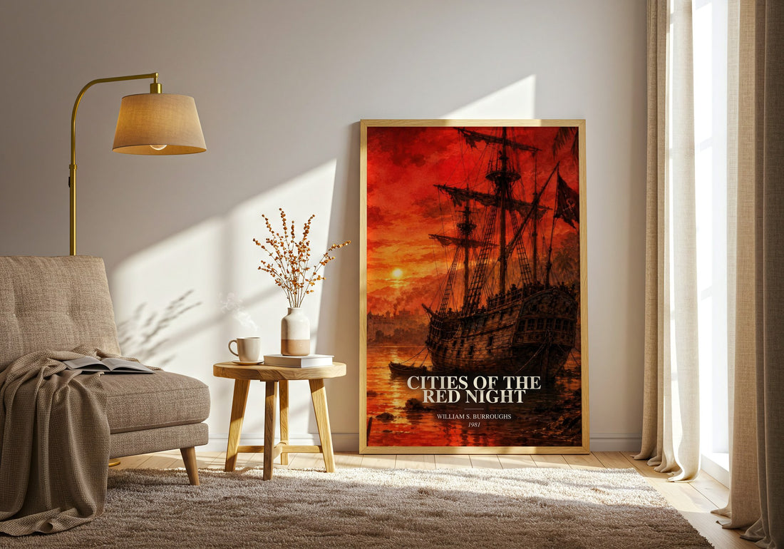Cities of the Red Night watercolour print in frame leaning in hallway – sci fi wall art