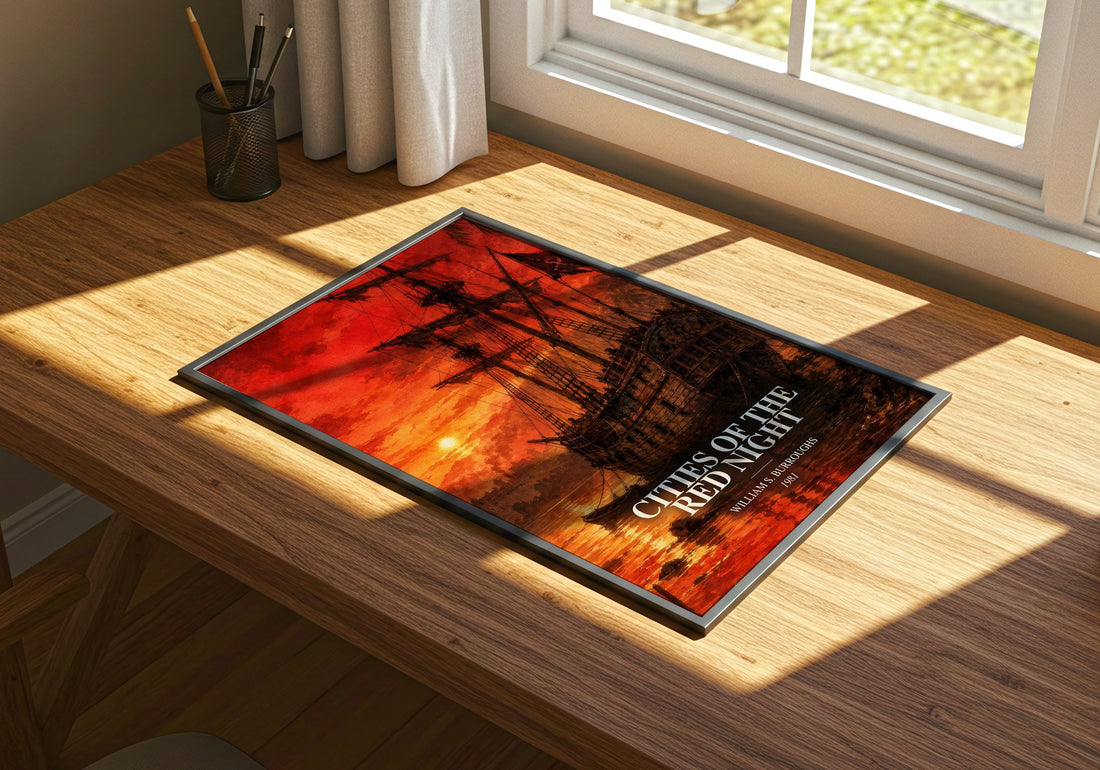 Cities of the Red Night watercolour book poster framed on wall – sci fi wall art