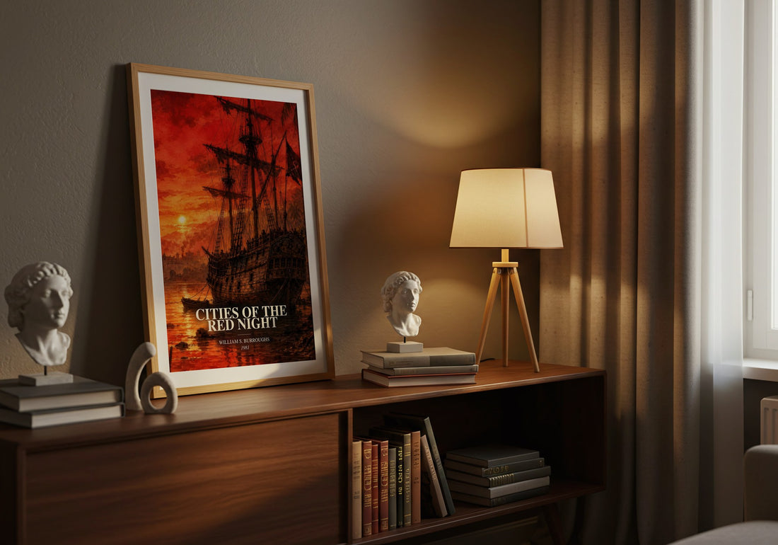 Cities of the Red Night watercolour print on bookshelf – William S. Burroughs fan gift