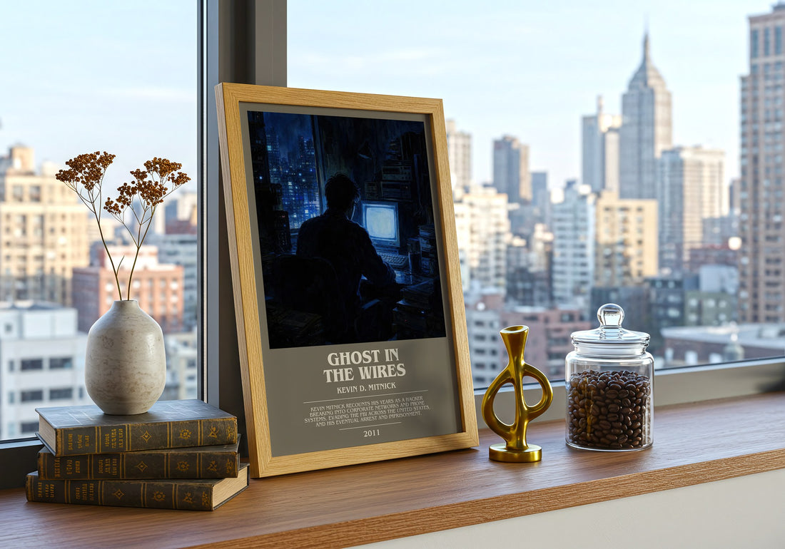 Ghost in the wires bookish print framed by window – literary home decor