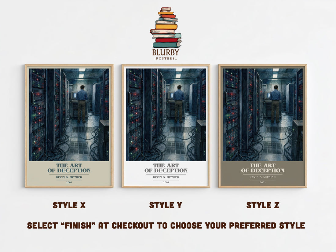 The Art of Deception book cover print in frame leaning in hallway – non fiction wall art (mockup)