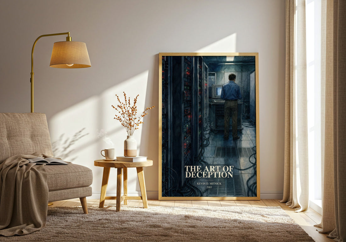 The Art of Deception watercolour print in frame leaning in hallway – non fiction wall art