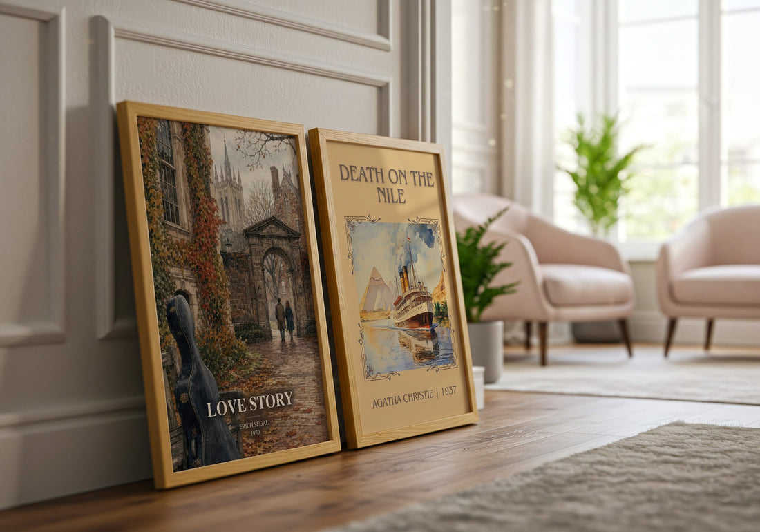 Love Story watercolour print framed by window – literary home decor