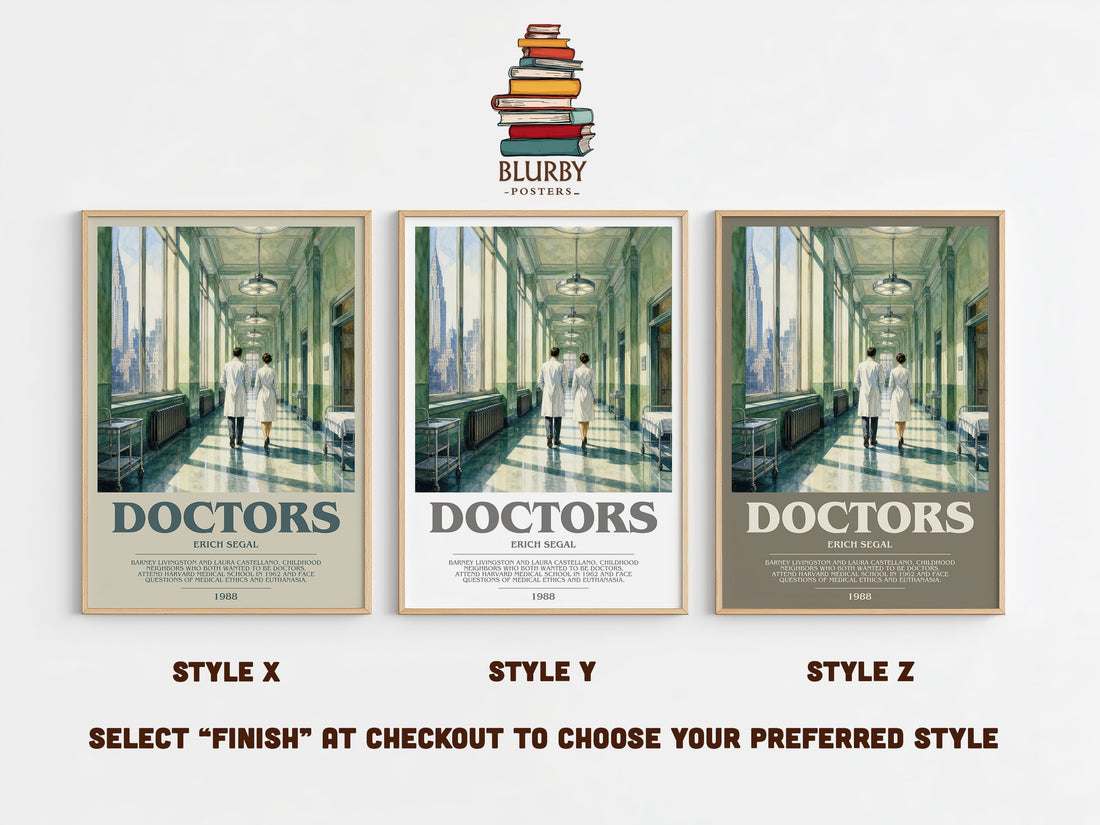 Doctors bookish print in frame leaning in hallway – contemporary fiction wall art (mockup)