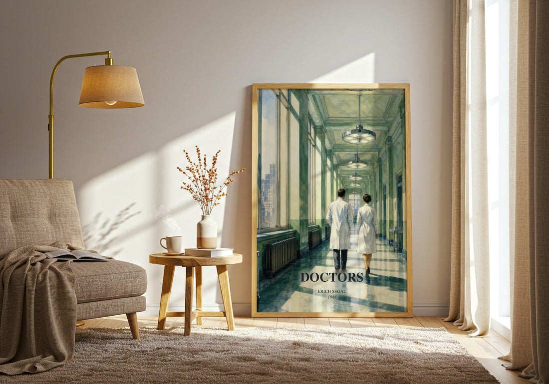 Doctors watercolour print in frame leaning in hallway – contemporary fiction wall art