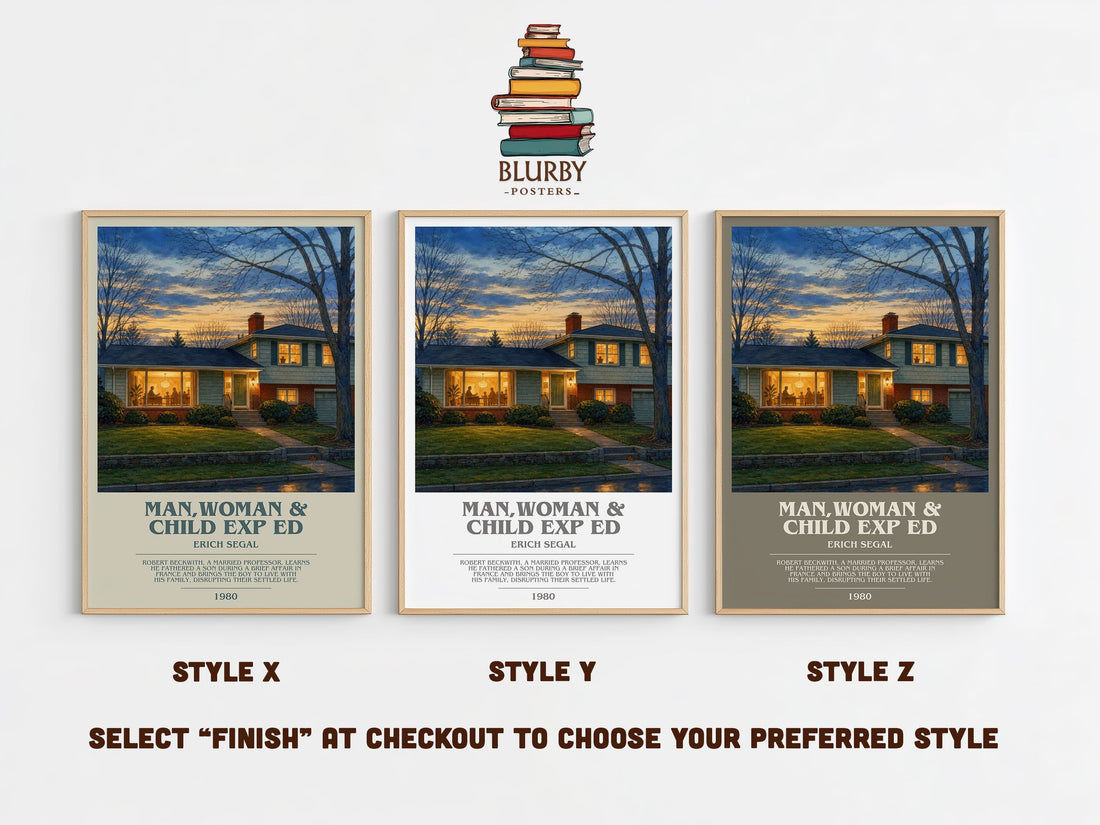 Man,woman & Child Exp Ed bookish print in frame leaning in hallway – contemporary fiction wall art (mockup)