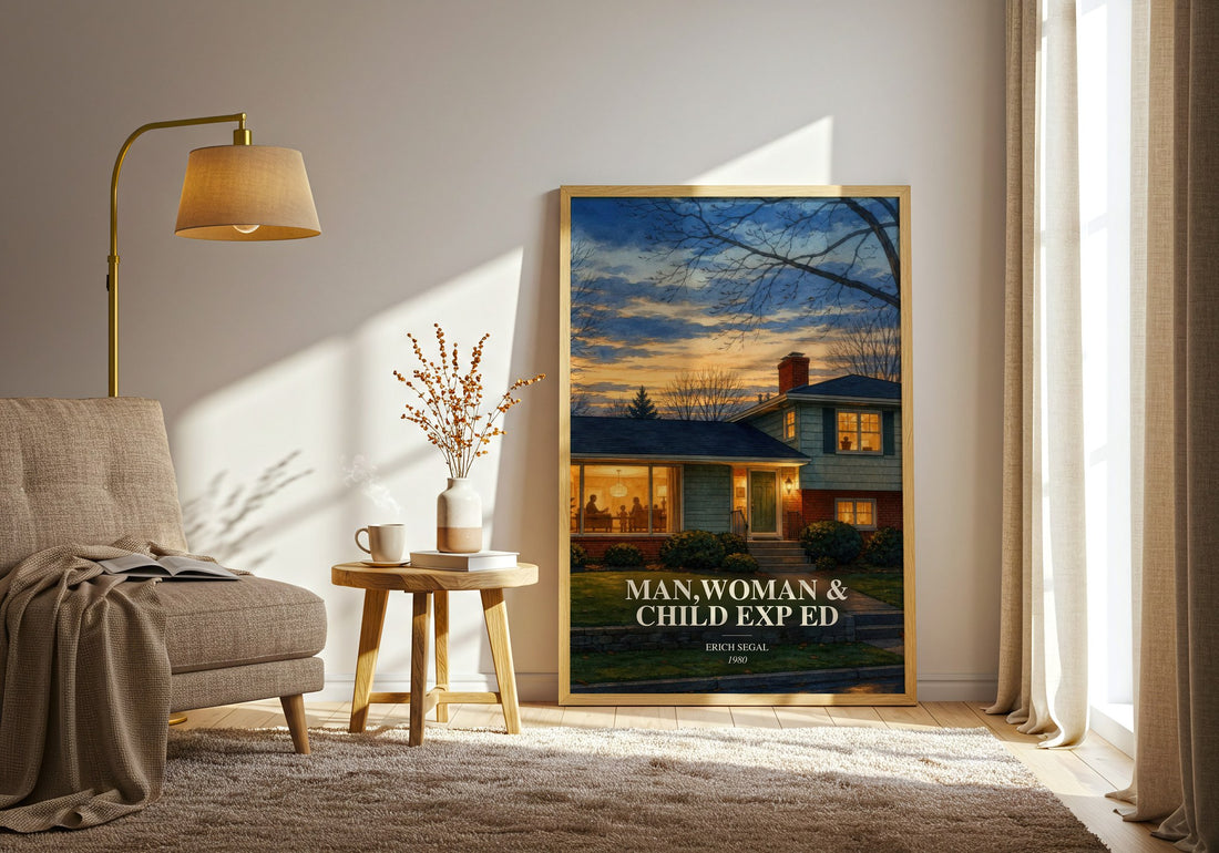 Man,woman & Child Exp Ed watercolour print in frame leaning in hallway – contemporary fiction wall art