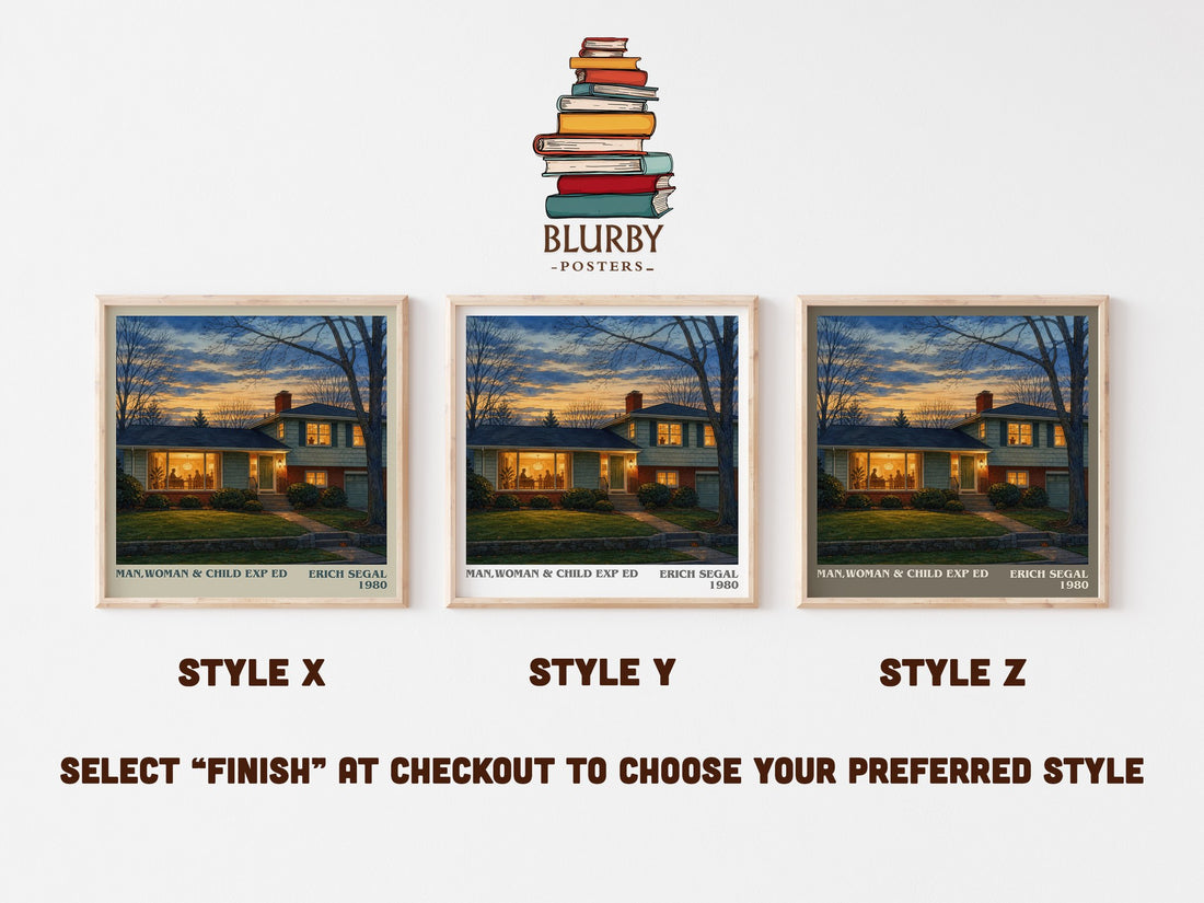 Man,woman & Child Exp Ed literary print in frame leaning in hallway – contemporary fiction wall art (mockup)