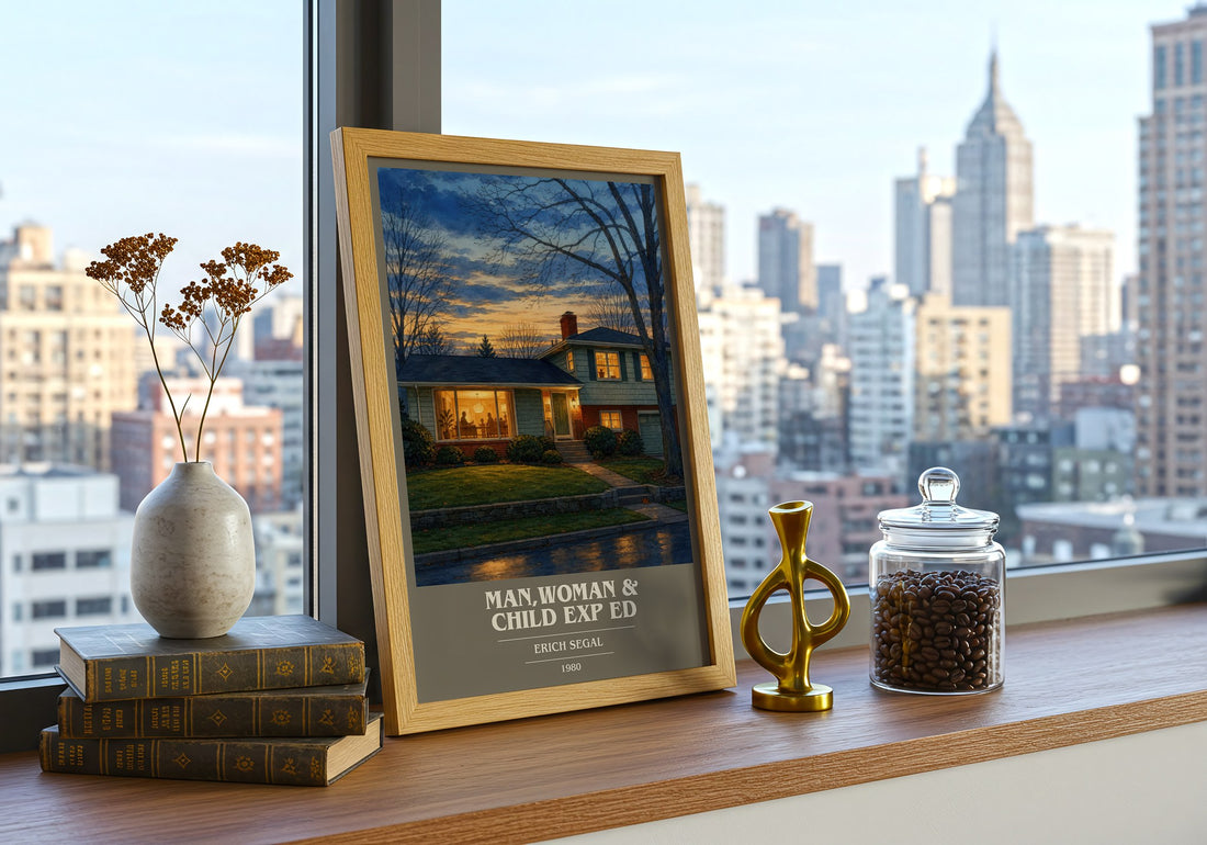 Man,woman & Child Exp Ed book cover print framed by window – literary home decor