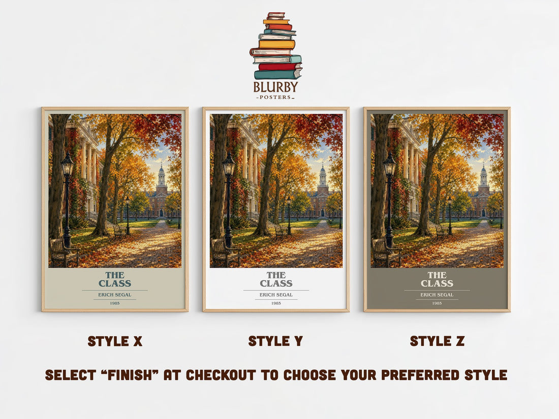 The class book cover print in frame leaning in hallway – contemporary fiction wall art (mockup)