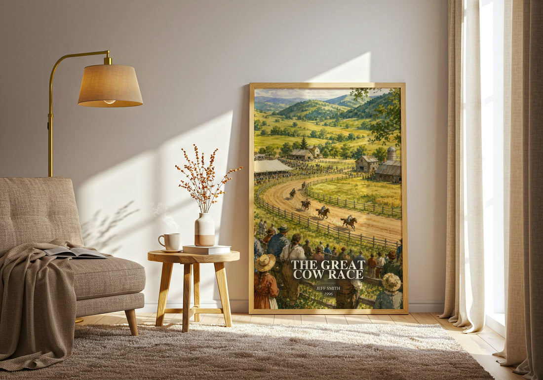 The Great Cow Race watercolour print in frame leaning in hallway – childrens wall art