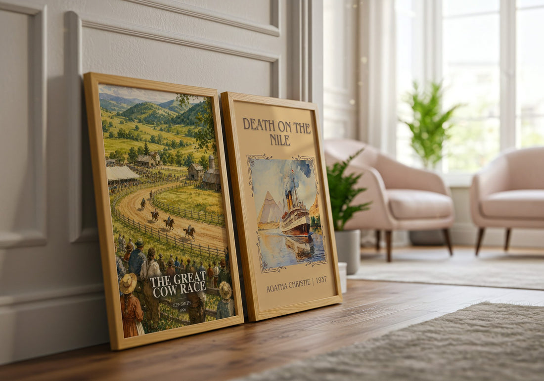 The Great Cow Race watercolour print framed by window – literary home decor