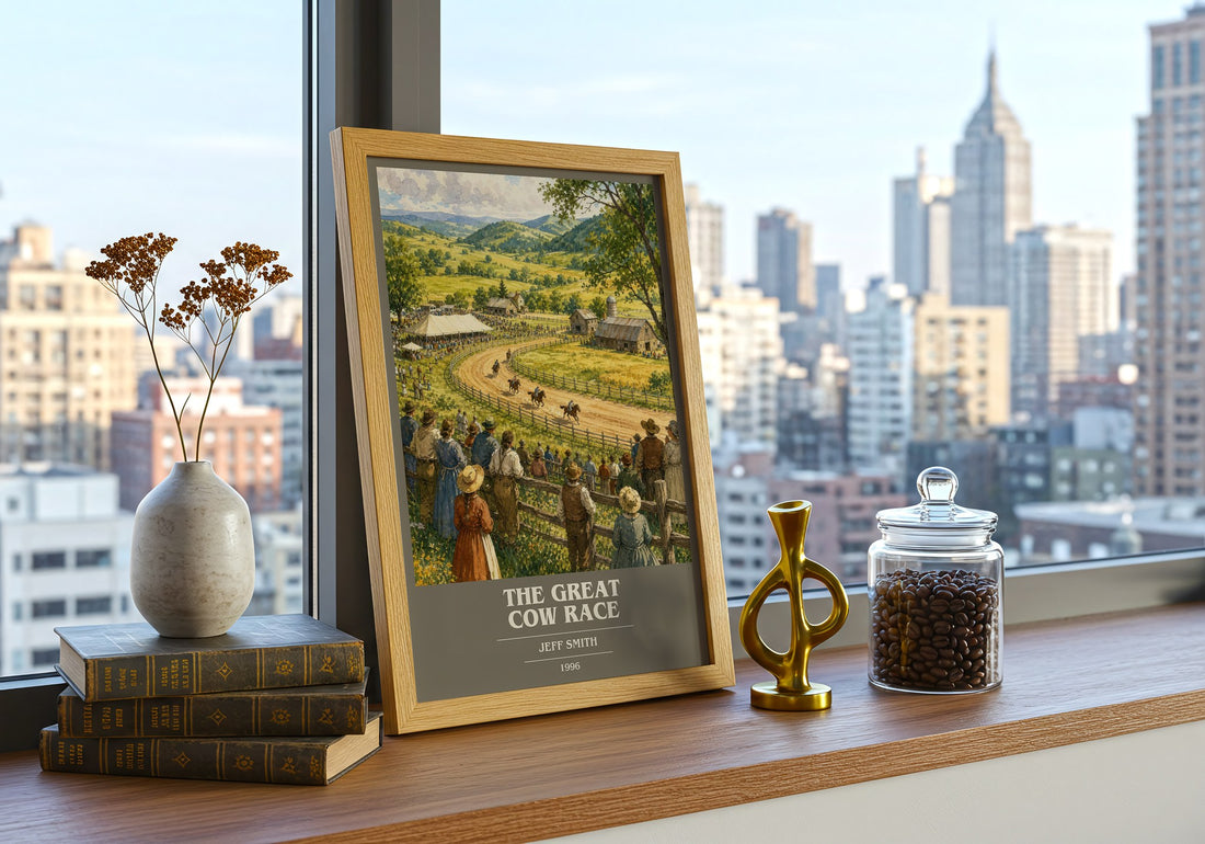 The Great Cow Race book cover print framed by window – literary home decor
