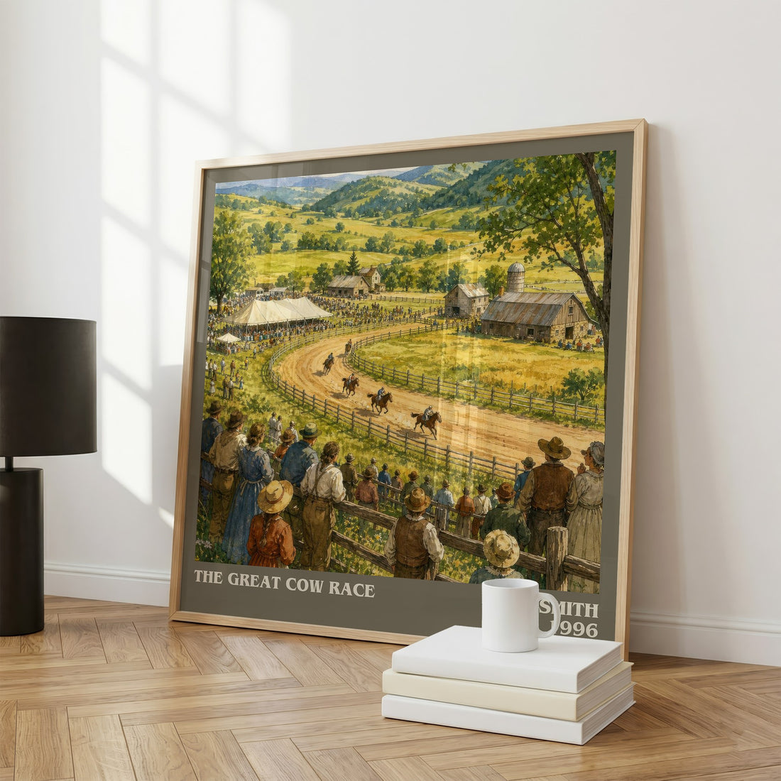 The Great Cow Race literary print framed by window – literary home decor