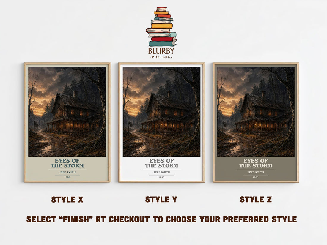 Eyes of the Storm book cover print in frame leaning in hallway – fantasy wall art (mockup)