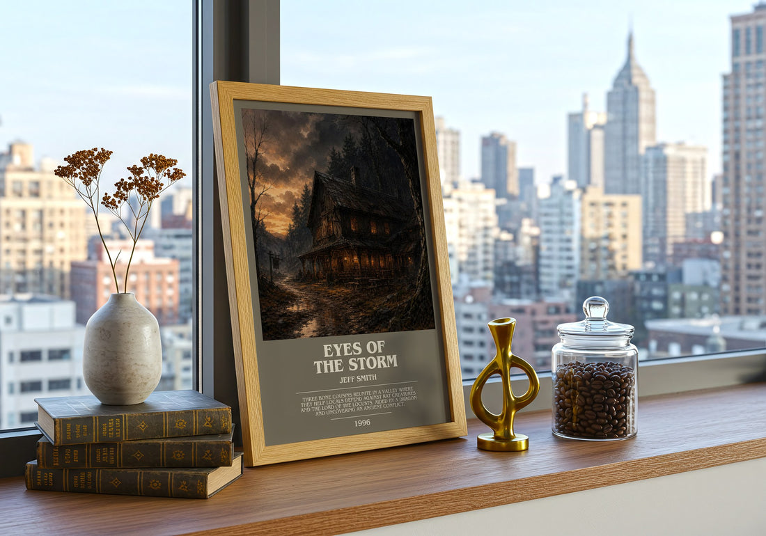 Eyes of the Storm bookish print framed by window – literary home decor