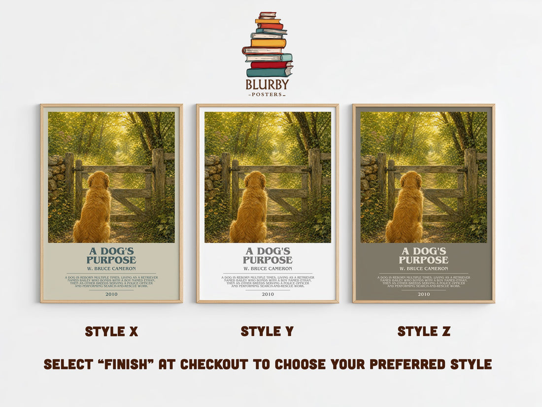 A Dog's Purpose bookish print in frame leaning in hallway – contemporary fiction wall art (mockup)