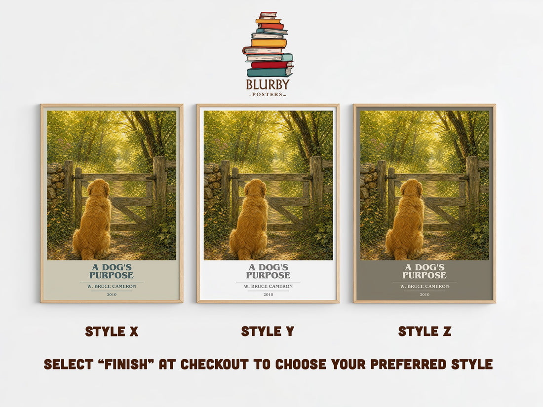 A Dog's Purpose book cover print in frame leaning in hallway – contemporary fiction wall art (mockup)