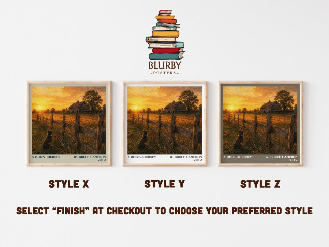 A dog's journey literary print in frame leaning in hallway – contemporary fiction wall art (mockup)