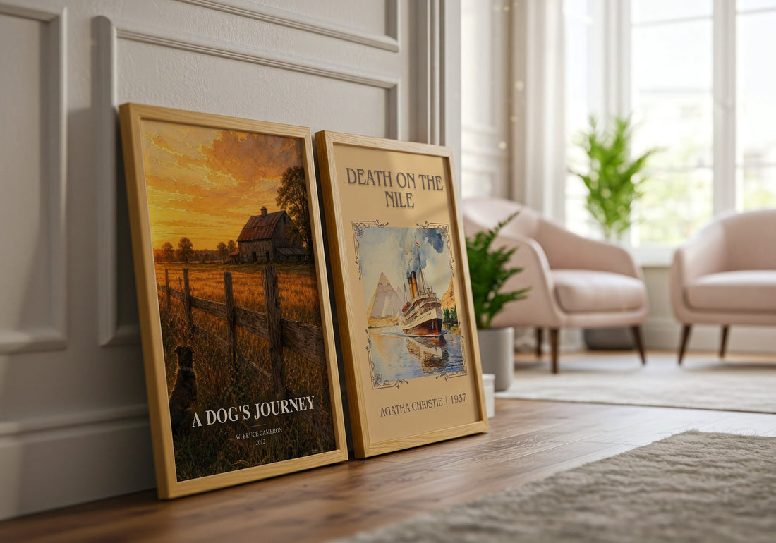 A dog's journey watercolour print framed by window – literary home decor