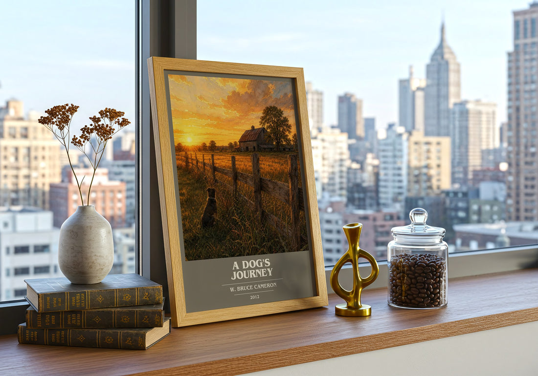 A dog's journey book cover print framed by window – literary home decor