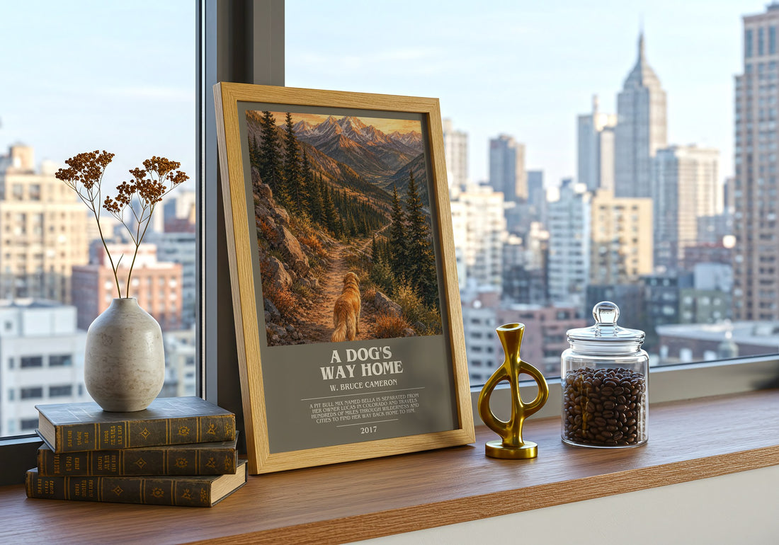 A Dog's Way Home bookish print framed by window – literary home decor