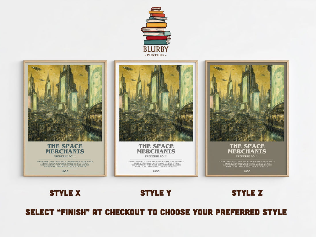 The Space Merchants bookish print in frame leaning in hallway – sci fi wall art (mockup)