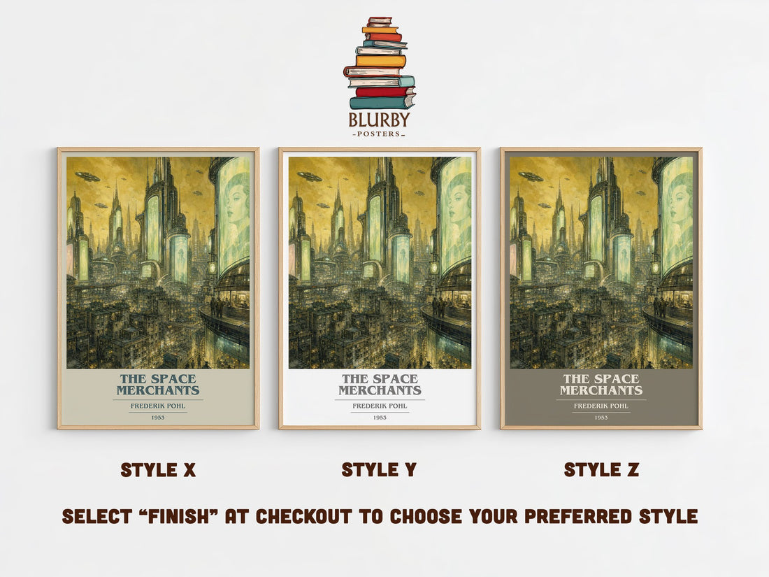 The Space Merchants book cover print in frame leaning in hallway – sci fi wall art (mockup)