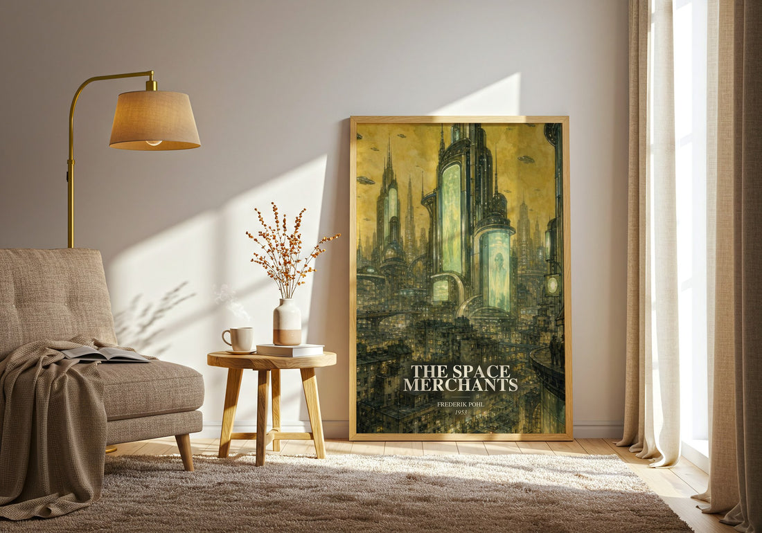The Space Merchants watercolour print in frame leaning in hallway – sci fi wall art