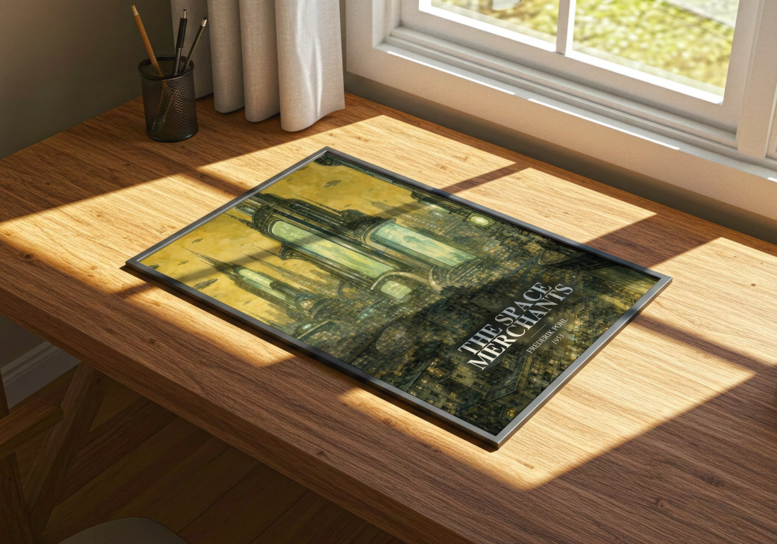 The Space Merchants watercolour book poster framed on wall – sci fi wall art