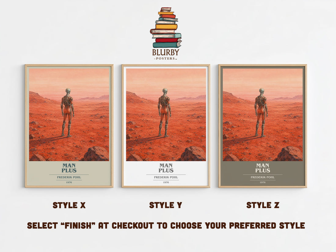 Man Plus book cover print in frame leaning in hallway – sci fi wall art (mockup)